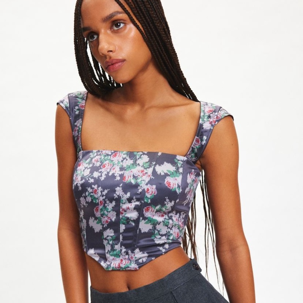 Out From Under About Time Printed Satin Corset Top NWT Size S - Black Multi